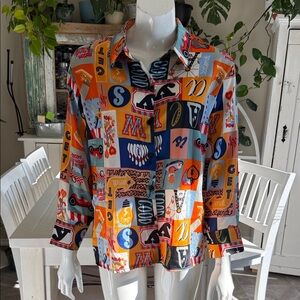 FUN Colorful Graphic Button-Up Shirt bowling Silky smooth ladies XL blouse